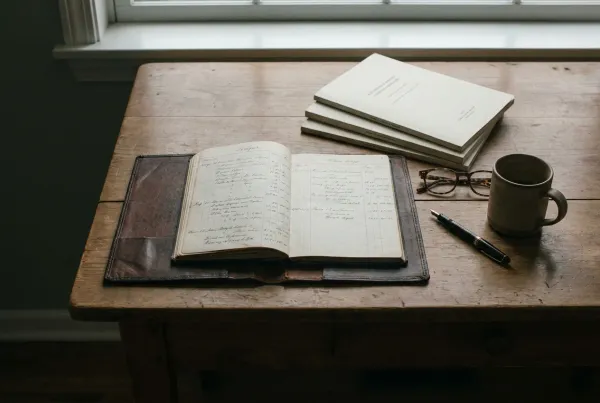 An open leather ledger of handwritten notes on a wooden desk by a window, printed company reports, reading glasses and a pen to one side in soft daylight — structure and discipline in investing.