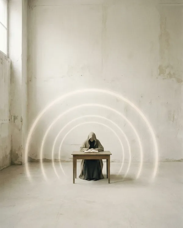 A quiet photograph of a person working at a desk at the still centre of a bare room, ringed by soft concentric loops of light — the calm human at the centre of an automated system.