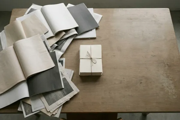 A drift of open newspapers and printed pages spilling across a wooden table, tamed down to one small neatly tied bundle at the centre — the flood of information reduced to the few things that matter.