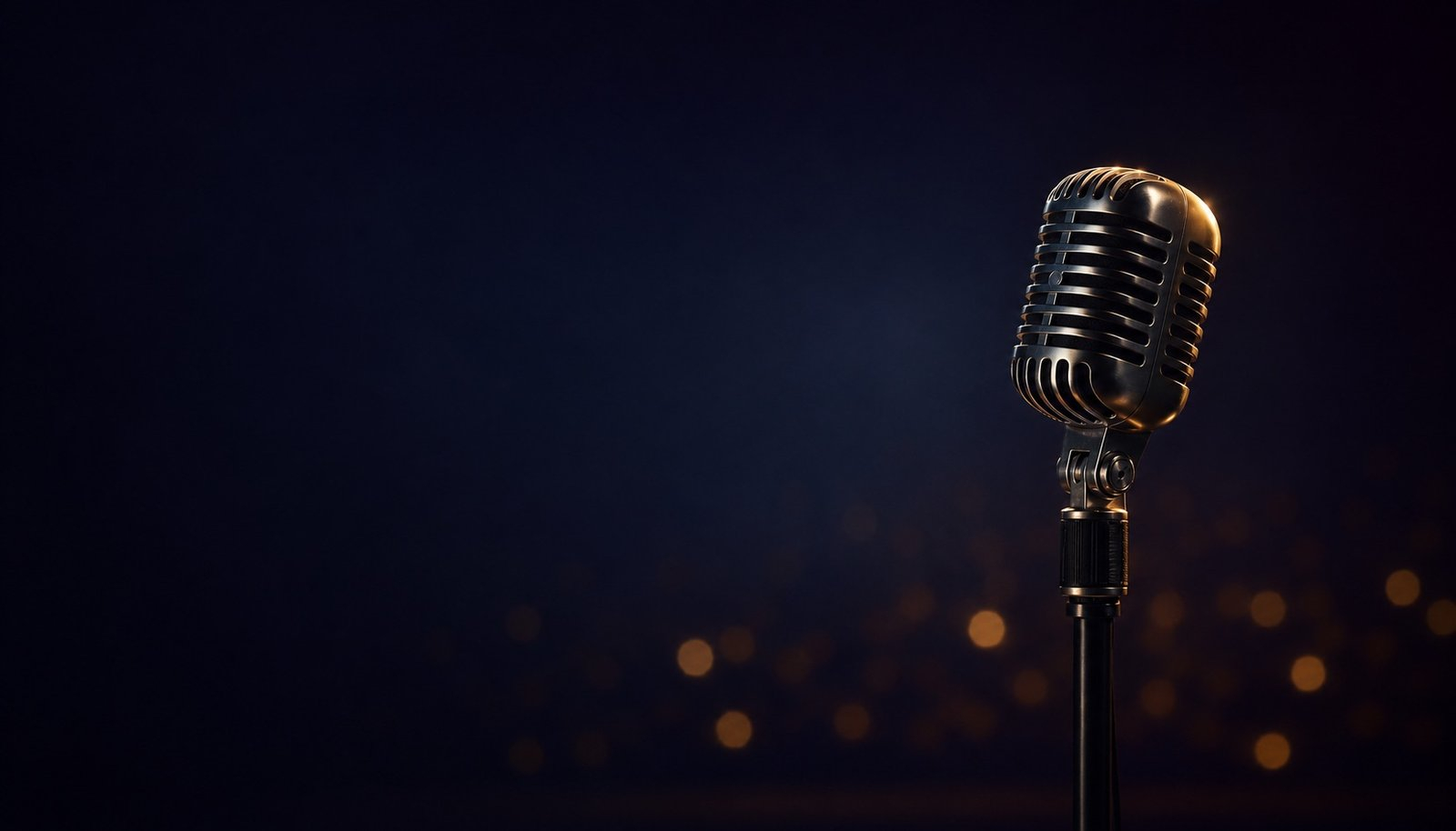 A vintage stage microphone lit against a dark background