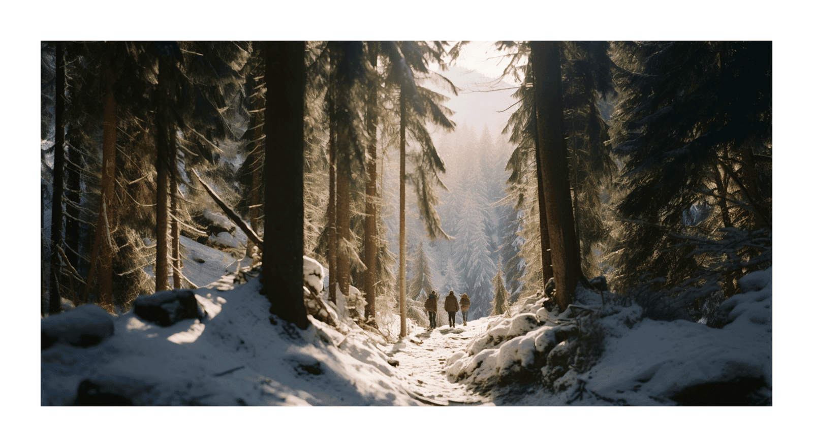 A snowy forest trail rendered in cinematic light
